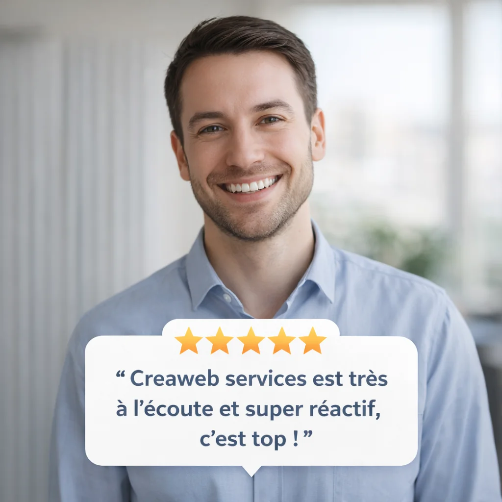 Avis client 5 étoiles soulignant la réactivité et l’écoute de Creaweb Services